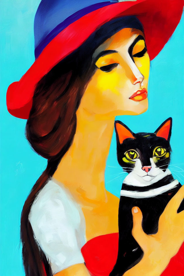 Stylized painting of woman with red hat and cat on blue background