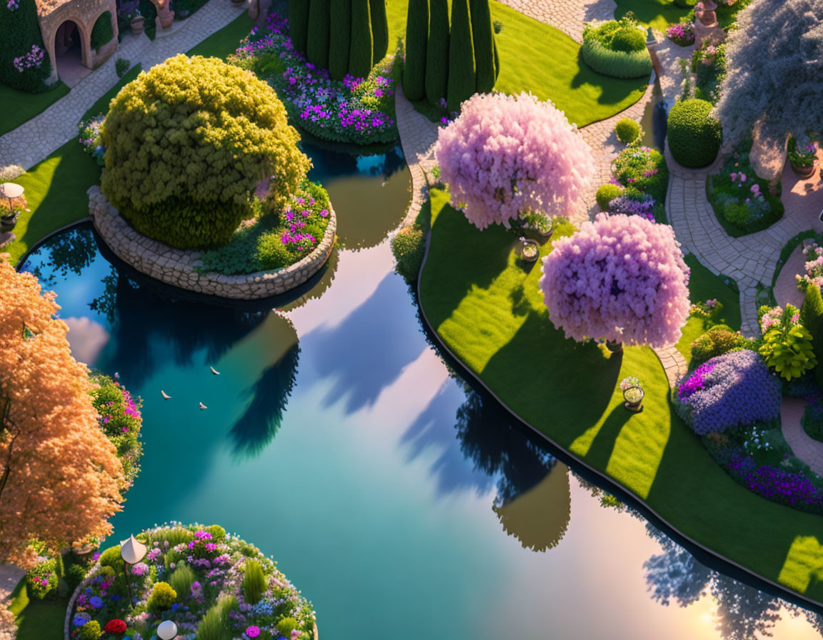 Manicured garden with vibrant flowers, topiary, and serene pond