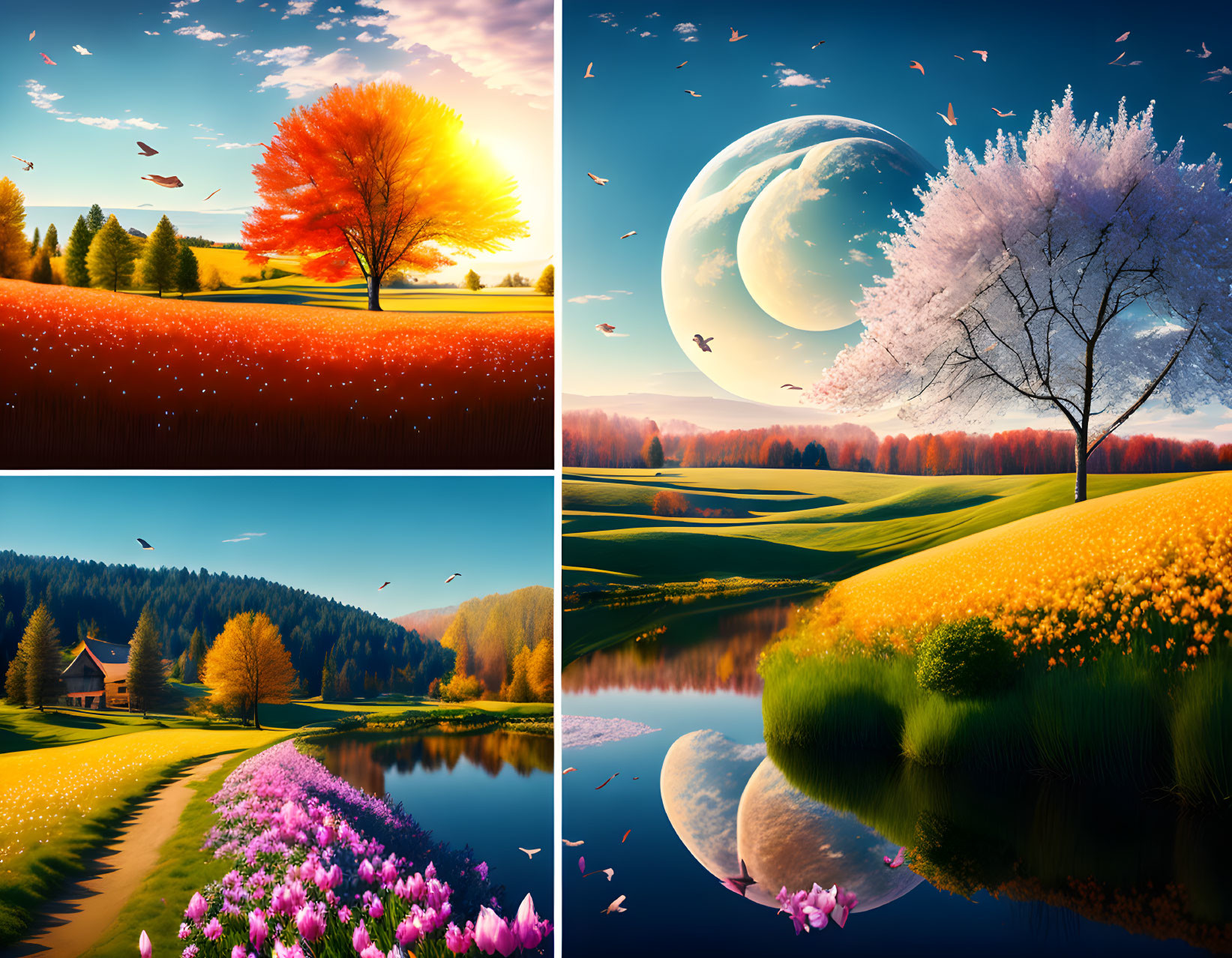 Four Vibrant Landscape Paintings Featuring Trees, Seasons, and Skies