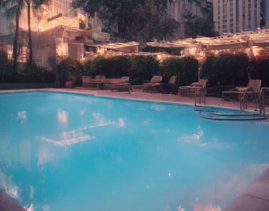 Tranquil hotel pool at twilight with deck chairs, trees, and soft lights