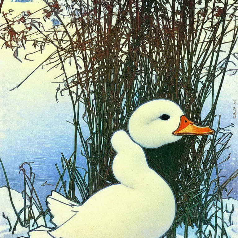 Stylized white duck with orange bill in snowy scene