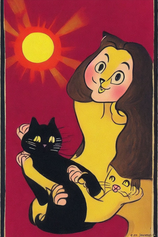 Illustration of smiling woman with black cat and kitten on pink background