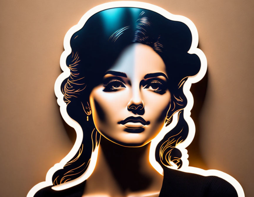 Stylized neon-like portrait of woman with bold makeup and hairstyle on brown background