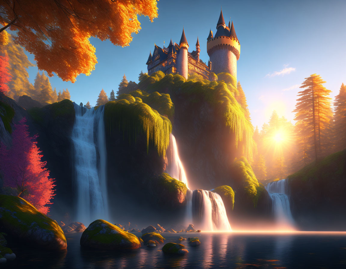 Enchanted castle on lush, waterfall-covered hill at golden sunset