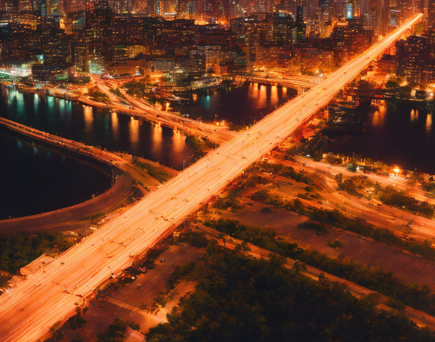 Brightly illuminated bridge over river at night with city lights reflecting on water