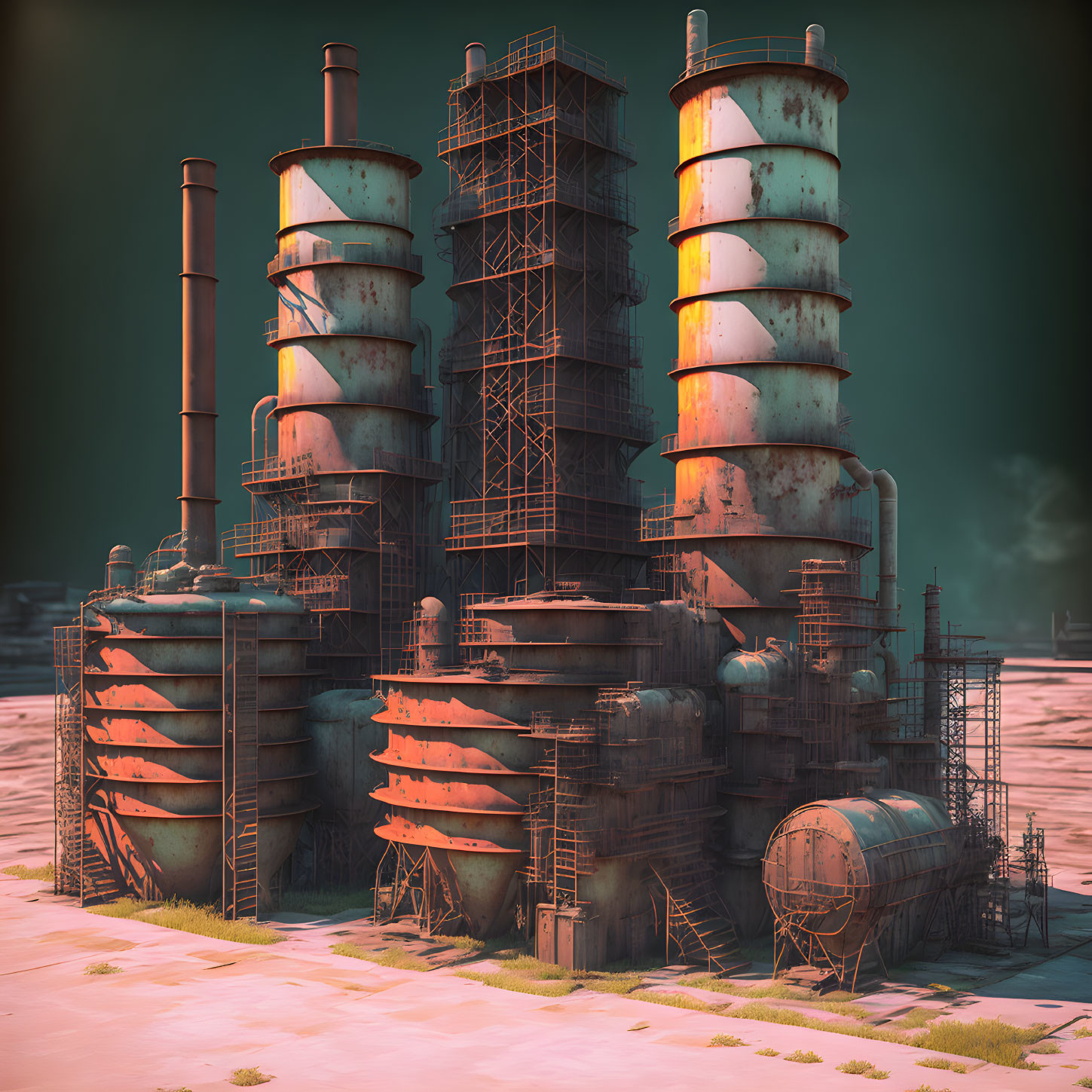 Deserted industrial facility with rusting silos and scaffolding