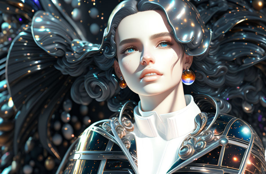 Futuristic female digital artwork with galactic-themed headdress and shining armor