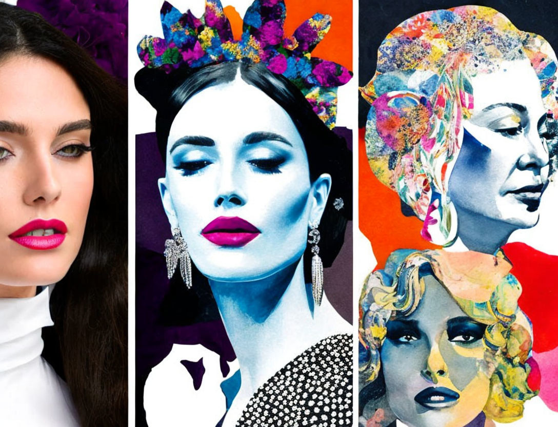 Vibrant portraits of a woman with colorful headpieces and bold makeup