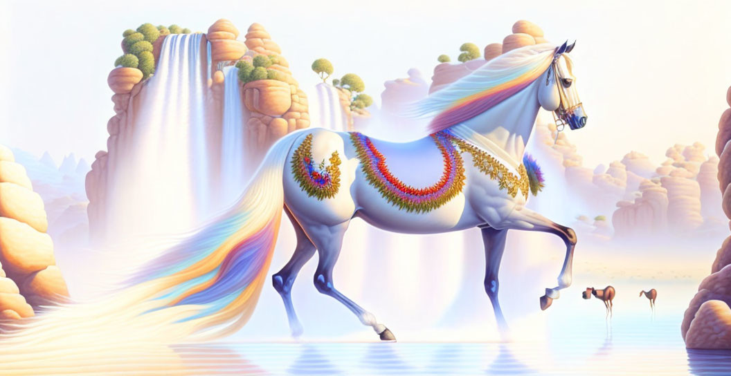 Fantastical white horse with rainbow mane beside waterfall in whimsical desert landscape