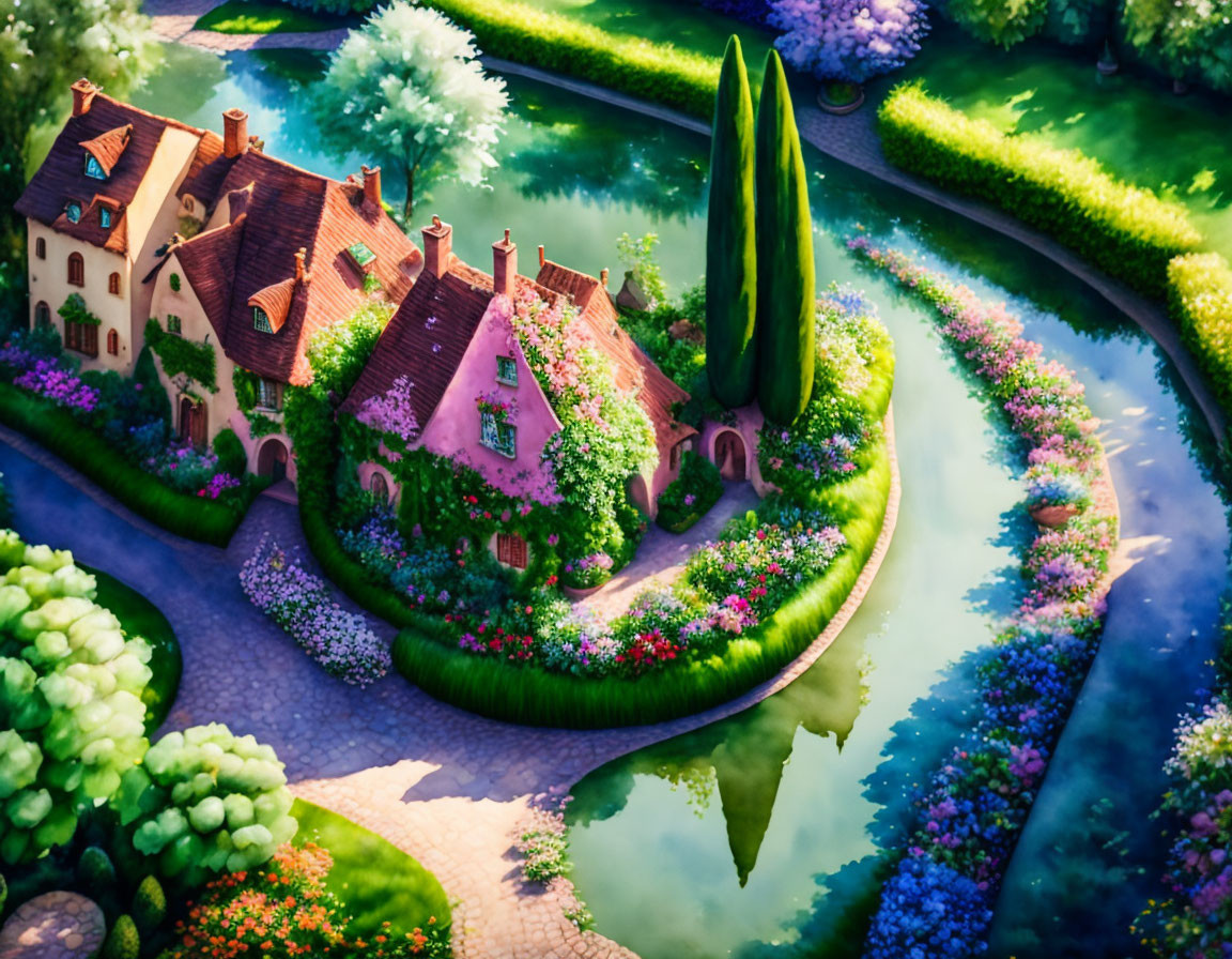 Whimsical fairytale cottage in lush garden scenery