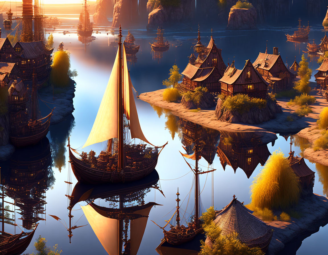 Traditional wooden structures and sailboats in serene ancient harbor at sunset