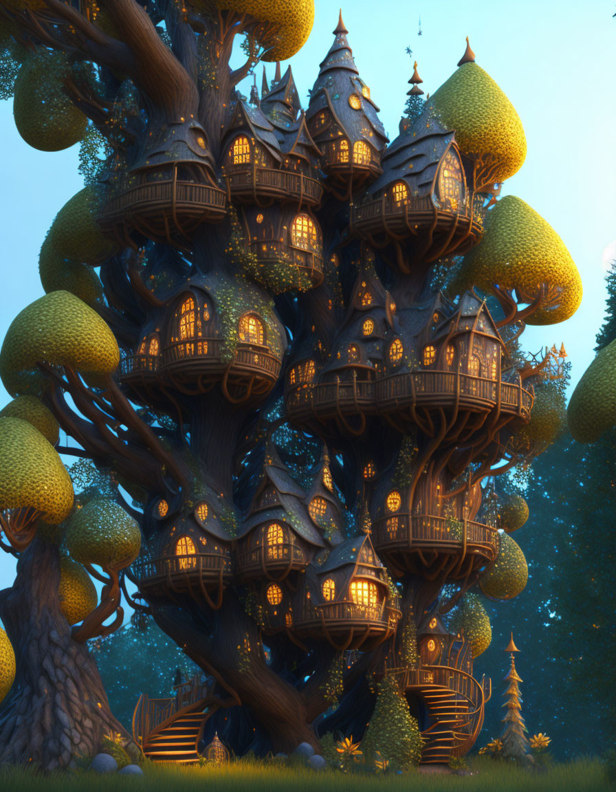 Multi-level treehouse in giant tree at twilight with glowing lights and rounded trees