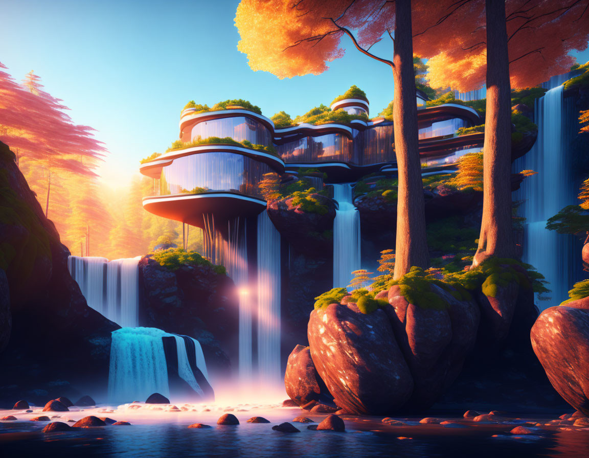 Futuristic cliffside buildings with waterfalls in lush forest