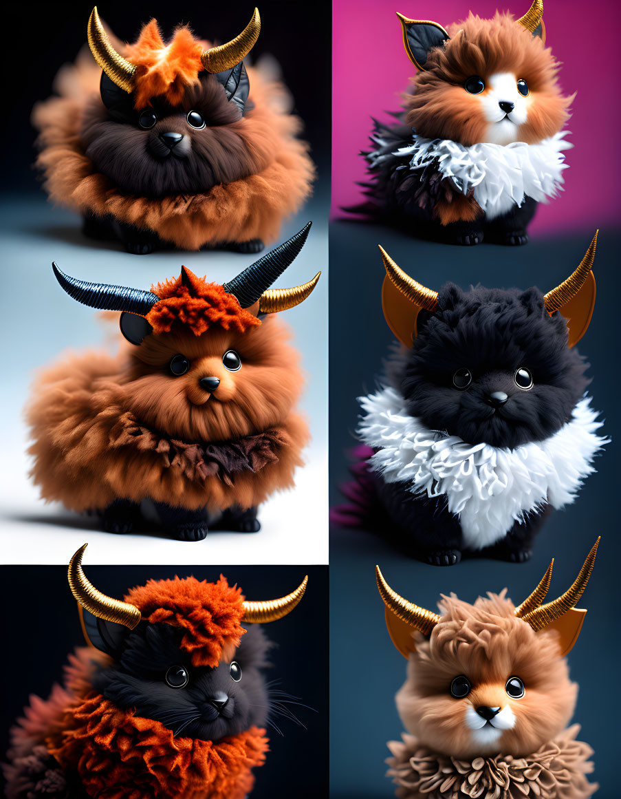 Colorful fluffy creatures with pointy ears and horns on gradient background