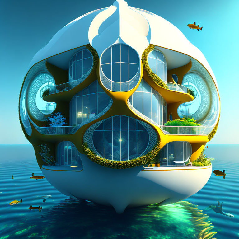 Spherical underwater habitat with multiple levels and marine life.