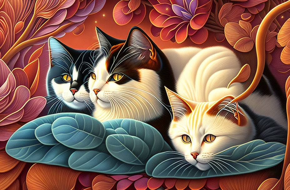 Colorful Stylized Cats with Vibrant Fur Patterns and Floral Backdrop