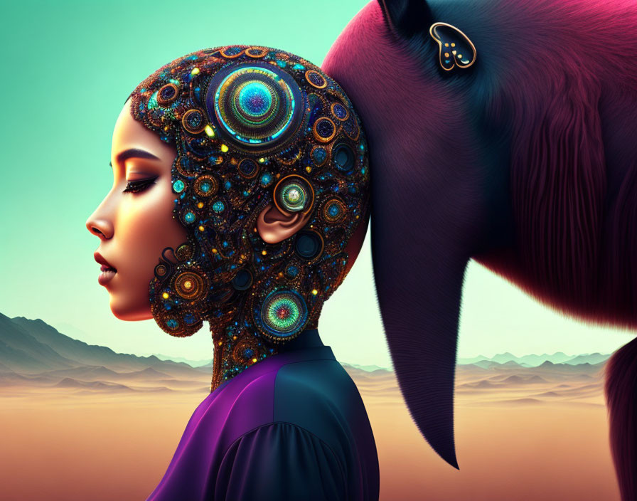 Futuristic mechanical headpiece on woman in desert landscape