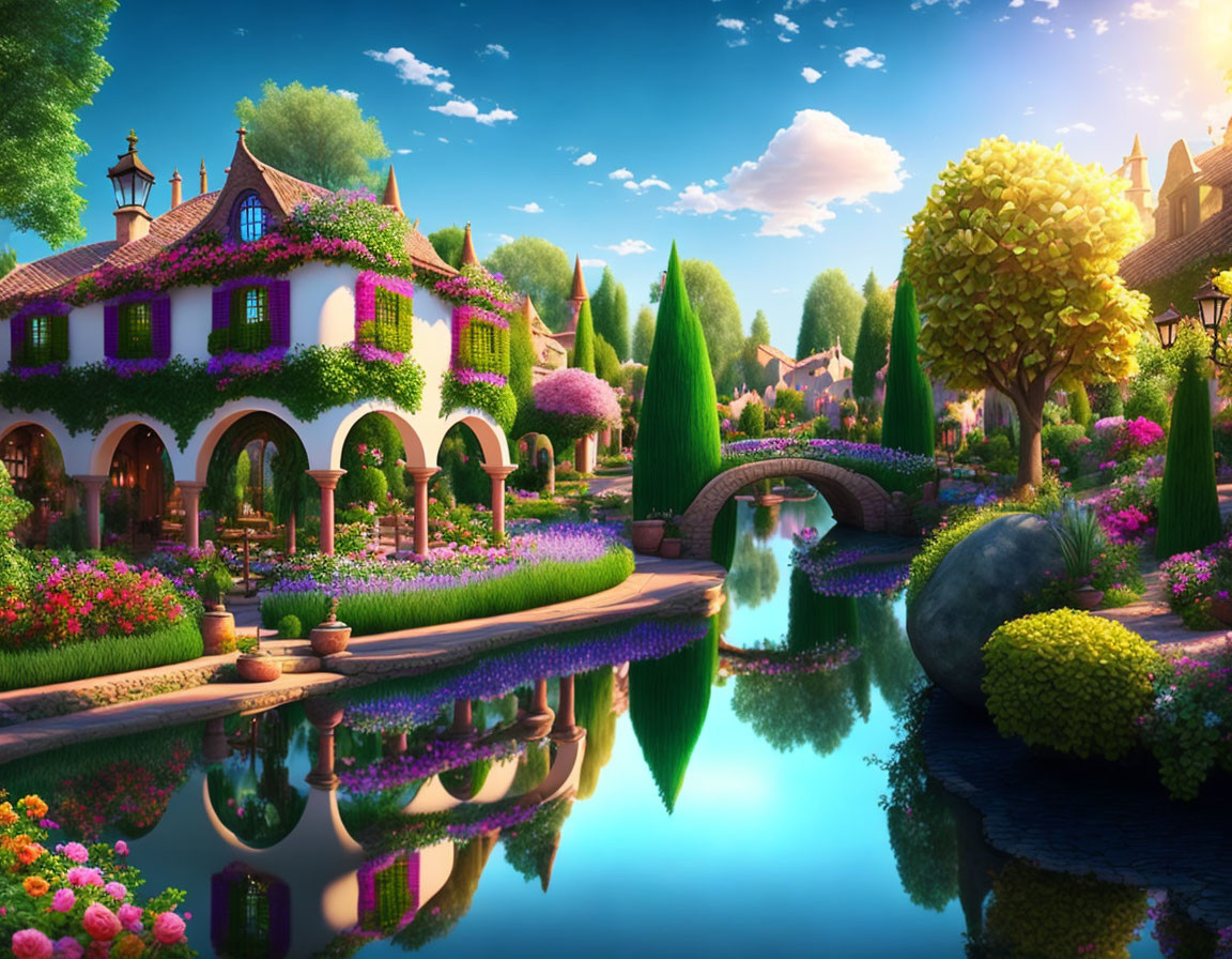 Scenic village with vibrant flowers by serene river