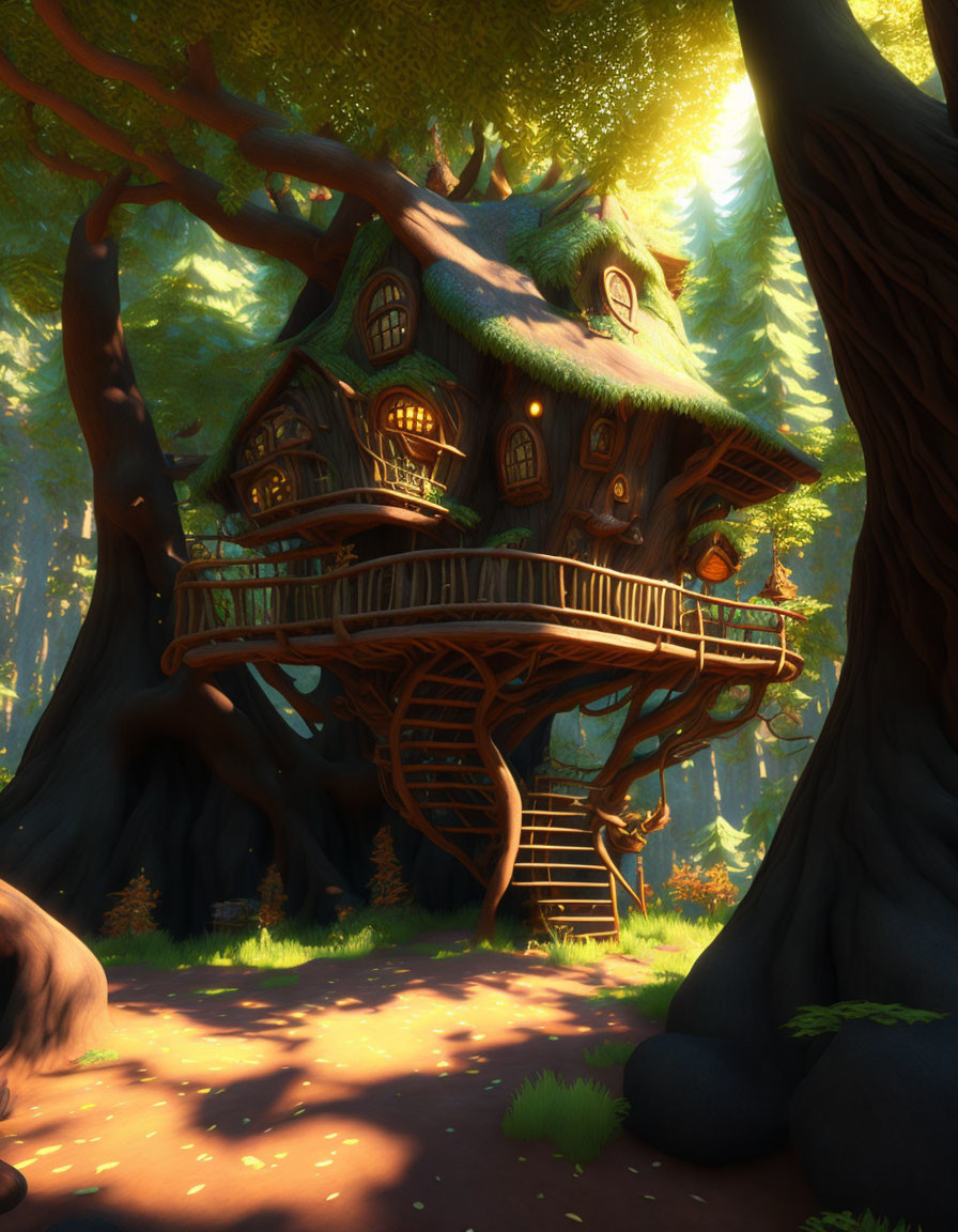 Whimsical treehouse with multiple windows in forest