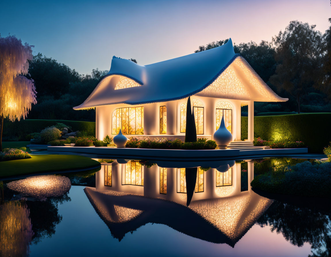 Modern House with Curved Roof Reflecting on Pond at Twilight