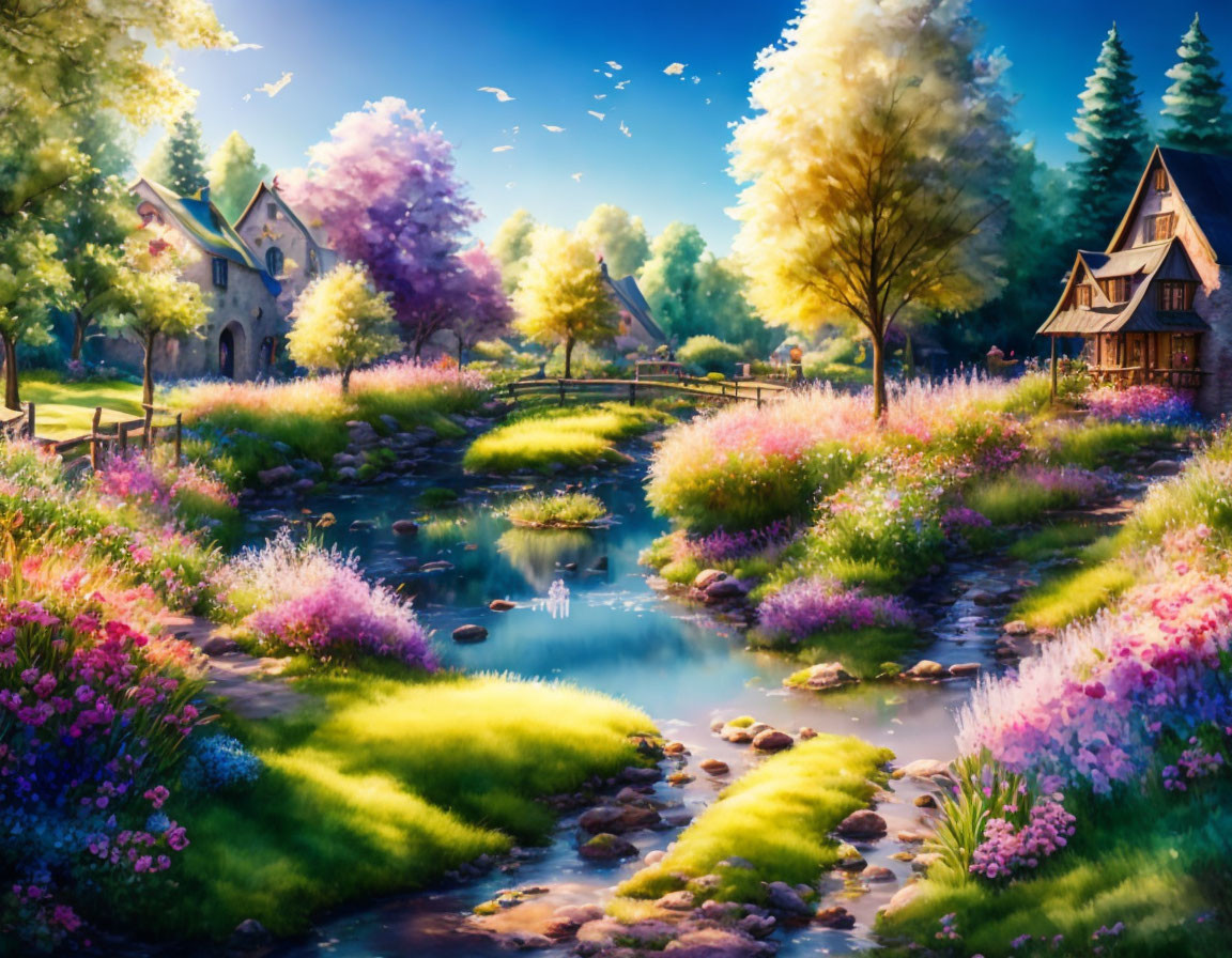 Tranquil landscape with vibrant flowers, pond, cottages, and trees