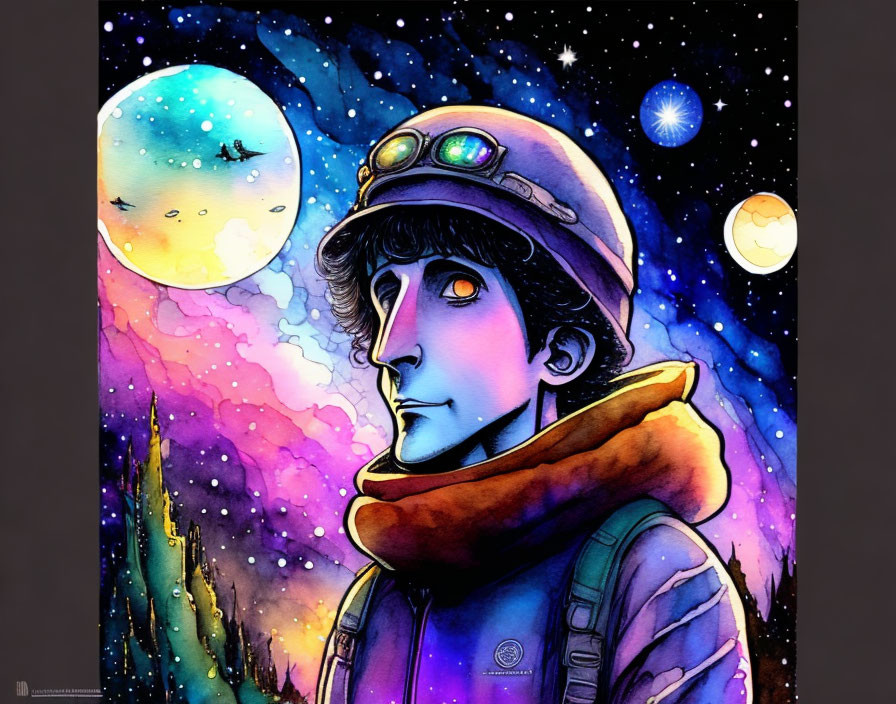 Illustrated portrait of person in pilot helmet against cosmic background