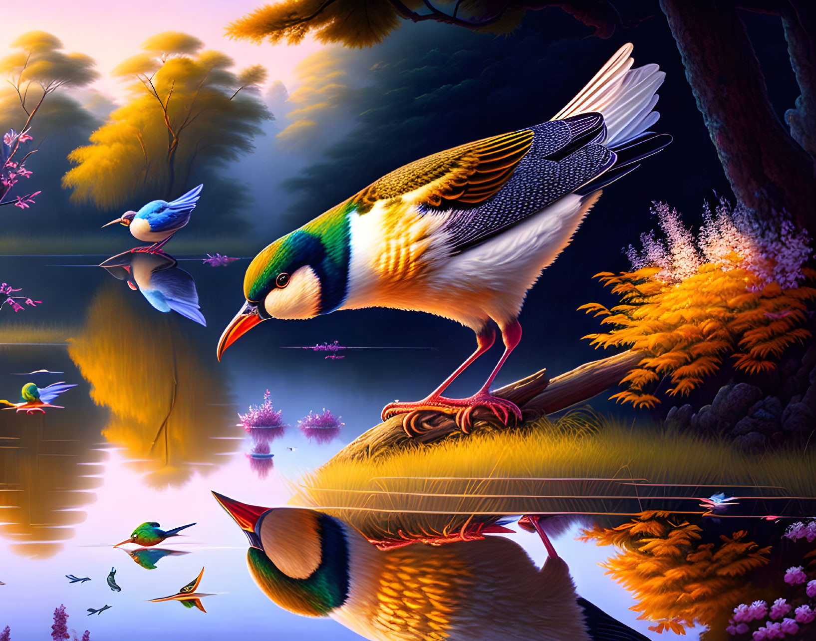 Detailed bird by reflective lake with colorful sunset landscape