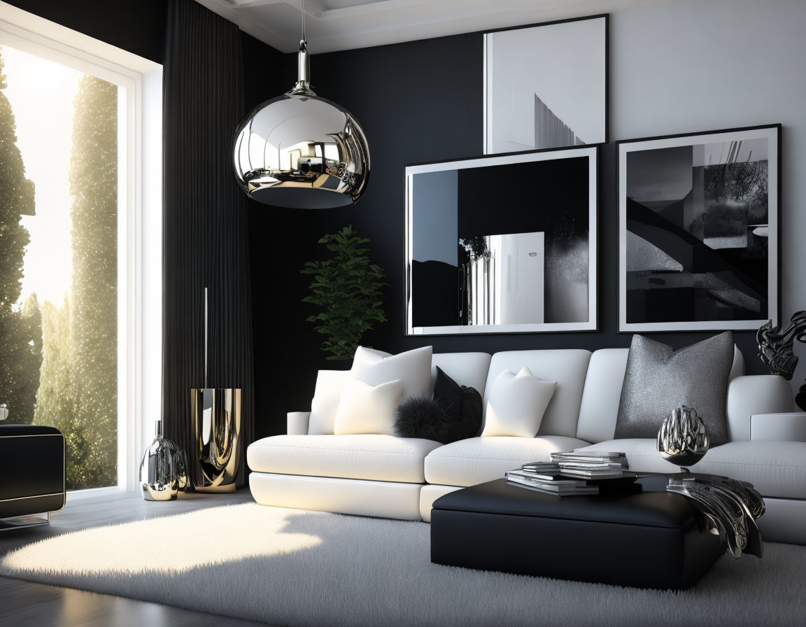 Contemporary Black and White Living Room Design with Large Windows and Abstract Wall Art