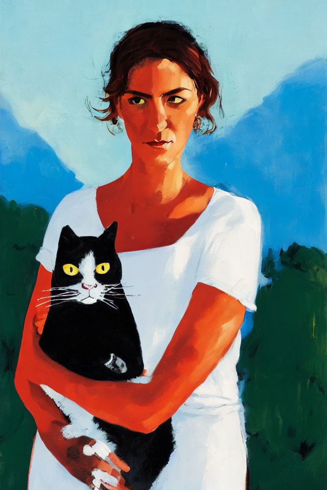 Woman with Dark Hair Holding Black and White Cat in Mountain Landscape