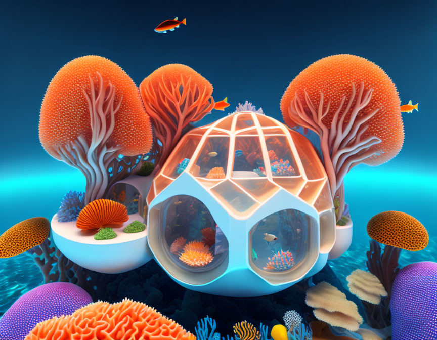 Futuristic underwater habitat with dome-like structure and vibrant marine life