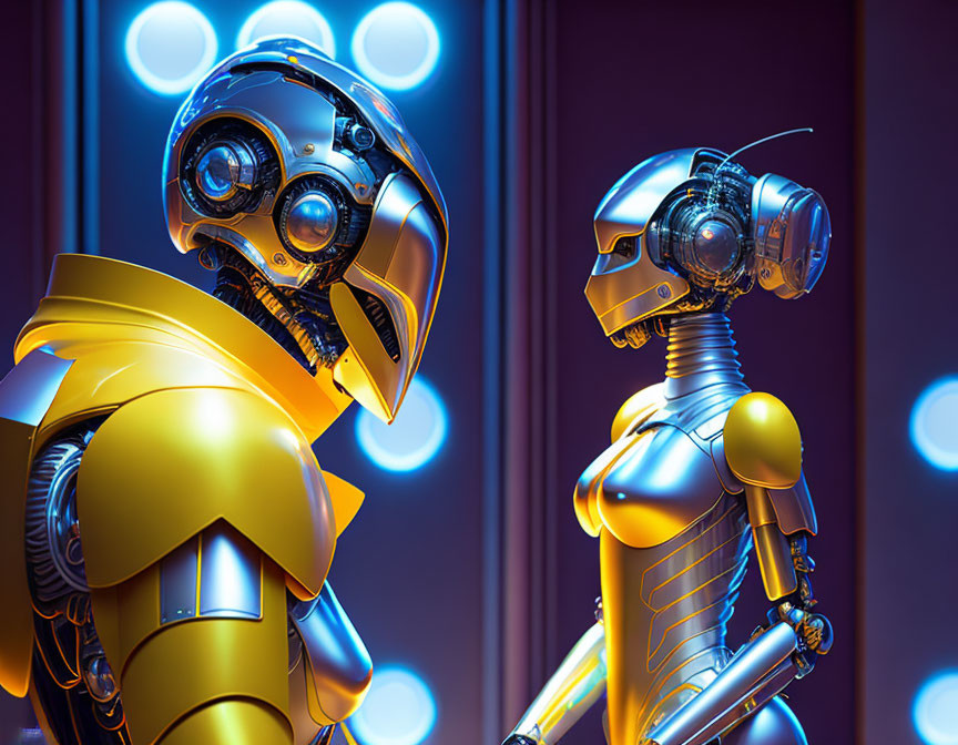 Gold and silver humanoid robots in blue-lit setting with circular patterns