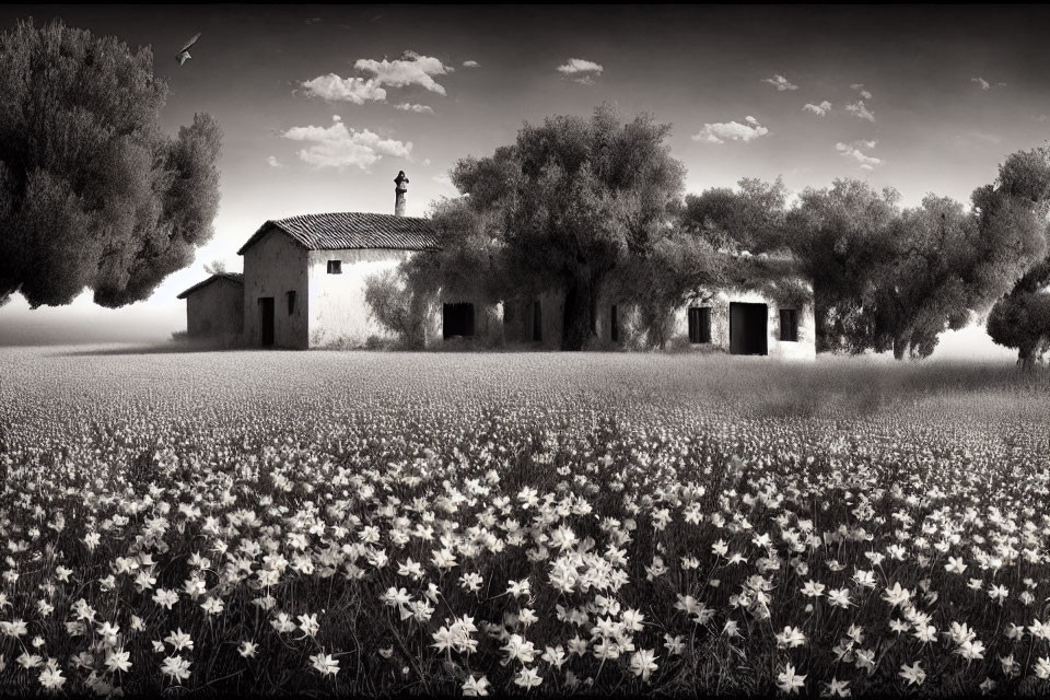 Serene countryside panorama with old house, trees, and flowers