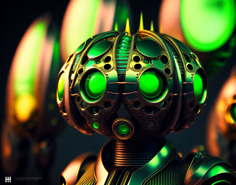 Detailed Metallic Futuristic Robotic Head with Glowing Green Circles