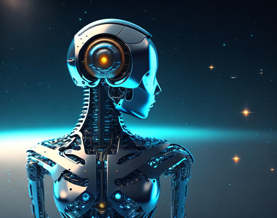 Detailed 3D Female Robot Illustration in Starry Night Sky