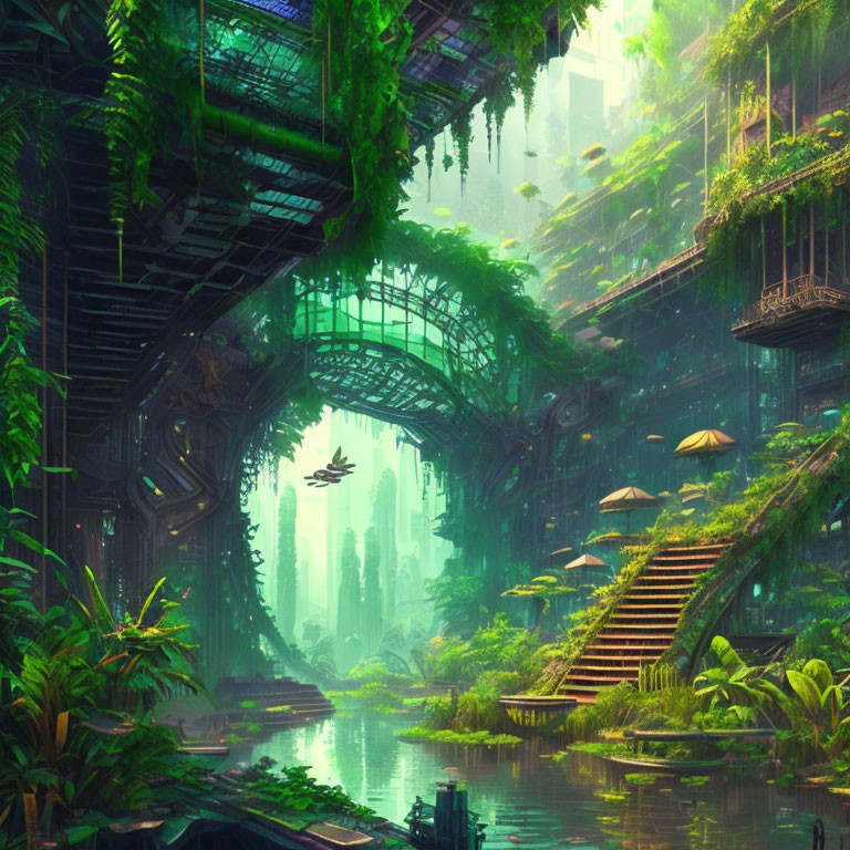 Lush Greenery and Overgrown Buildings in Futuristic Cityscape