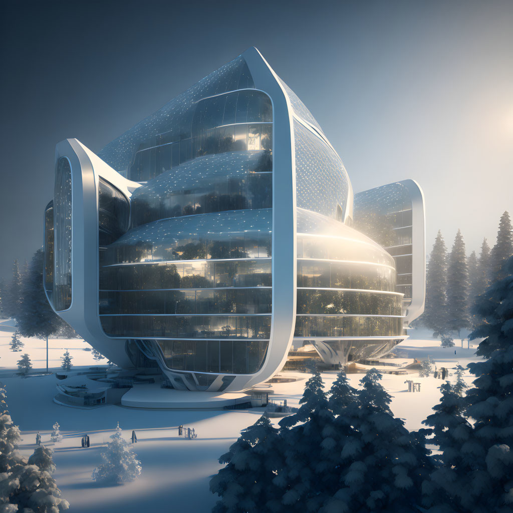 Futuristic glass building in snowy landscape with evergreen trees