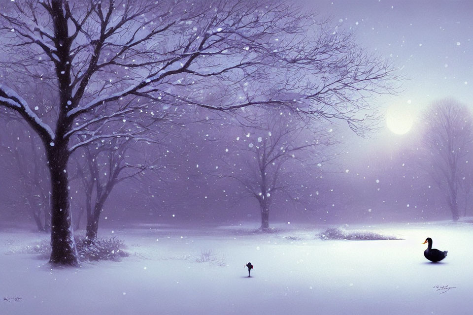 Tranquil winter landscape with snowfall, frozen pond, and swan