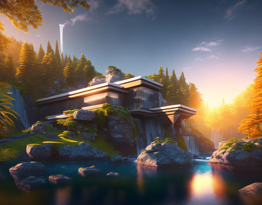 Modern house with expansive windows on rocky landscape near waterfalls, forests, and serene lake at sunset