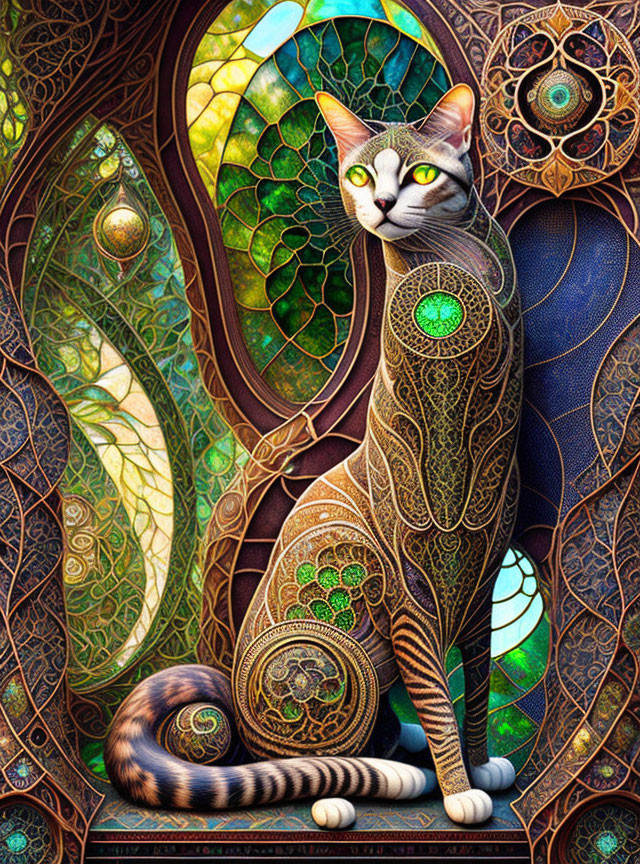 Colorful Stained-Glass Cat Art with Swirling Patterns