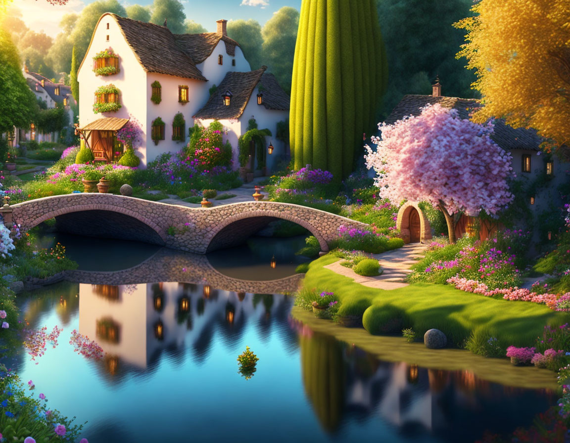 Idyllic village scene with stone bridge, cottages, and lush greenery