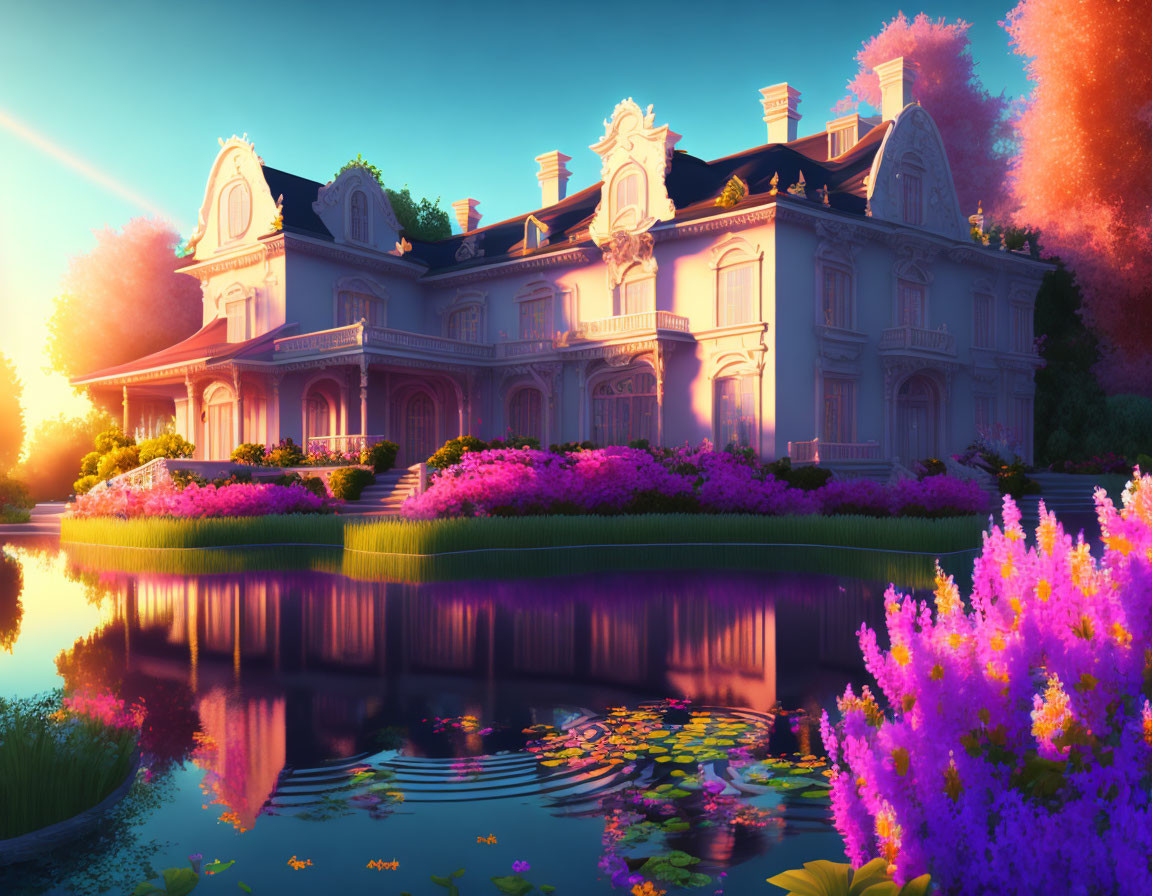 Luxurious mansion with vibrant gardens and reflecting pond at sunset