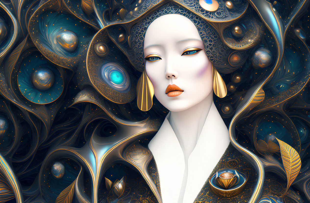 Stylized digital artwork of pale woman with gold and blue patterns