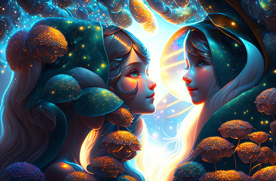 Stylized fantasy female figures with glowing skin in cosmic setting