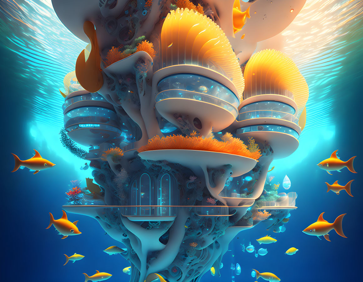 Colorful Digital Artwork: Underwater Scene with Coral Architecture and Fish