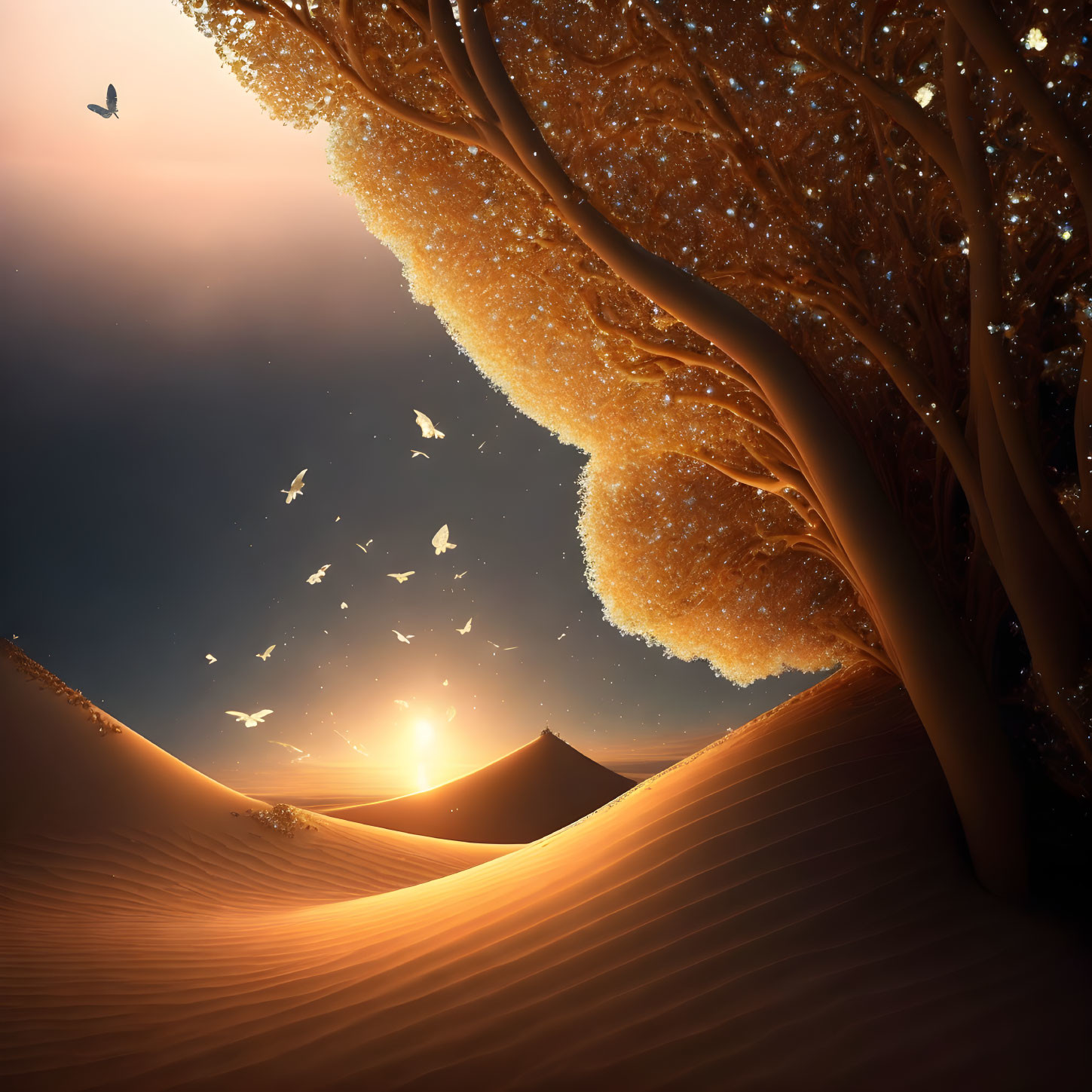 Twilight desert landscape with golden trees, birds, and dunes