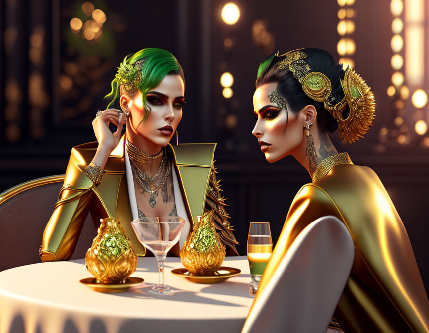 Stylized women with green hair and gold accessories at luxurious table