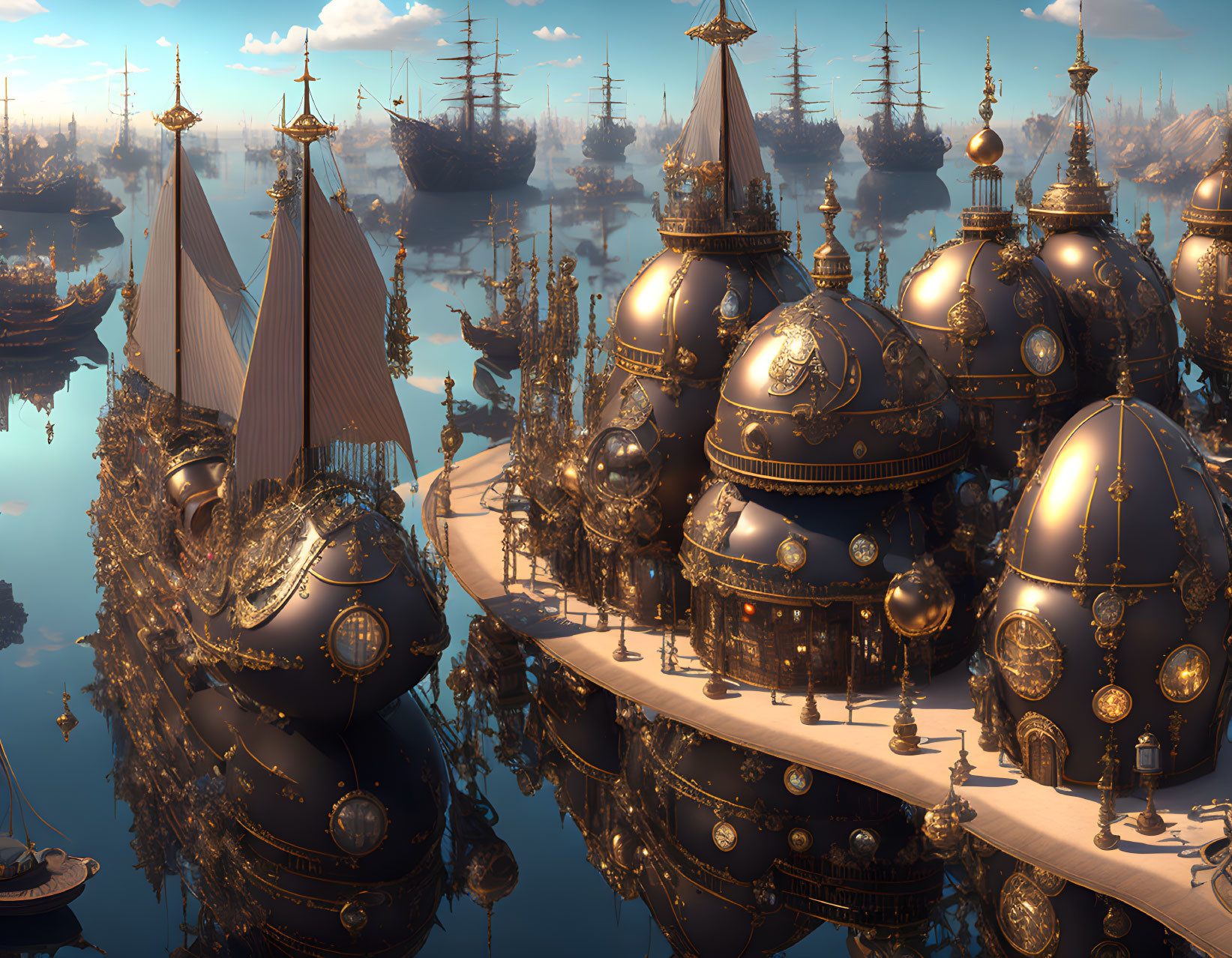 Fantasy Steampunk Harbor with Golden Domes & Vintage Ships