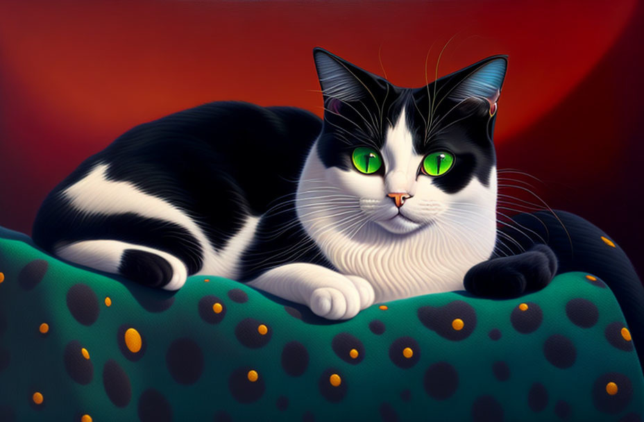 Monochrome Cat with Green Eyes on Dotted Cushion Against Red Background