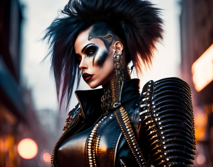 Bold Punk Hairstyle Woman in Black Leather Jacket with Shoulder Spikes