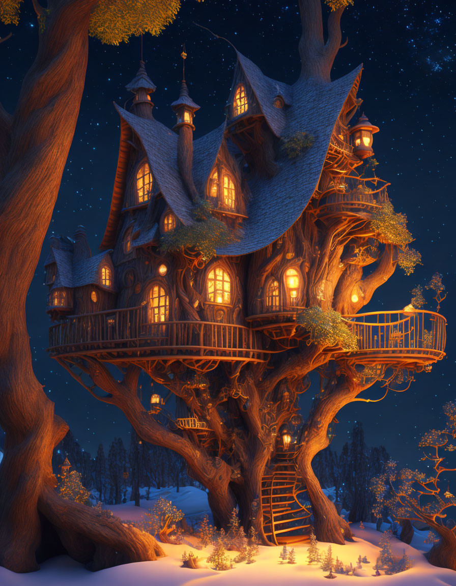 Enchanting treehouse with lights and snow, under starry sky